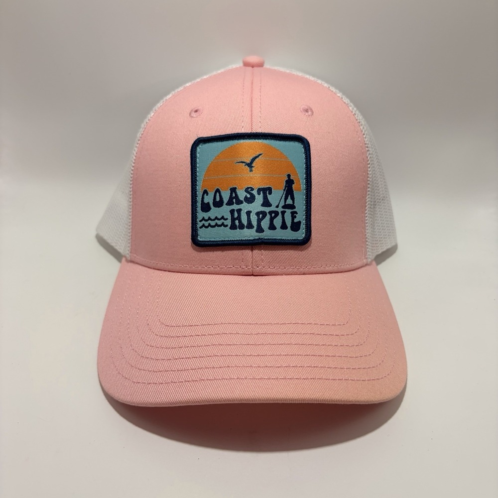 Coast Hippie Pink White Mesh Trucker Hat Sunset Fishing Patch Snapback Cap